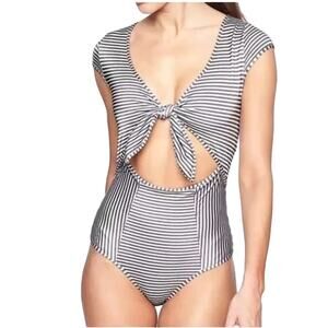 Athleta Aqualuxe Lotus Tie Front One Piece Swimsuit Striped Black White M Tall